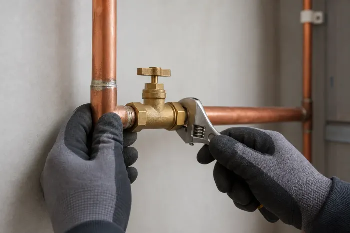 Fresh copper repipe with a new brass shutoff valve