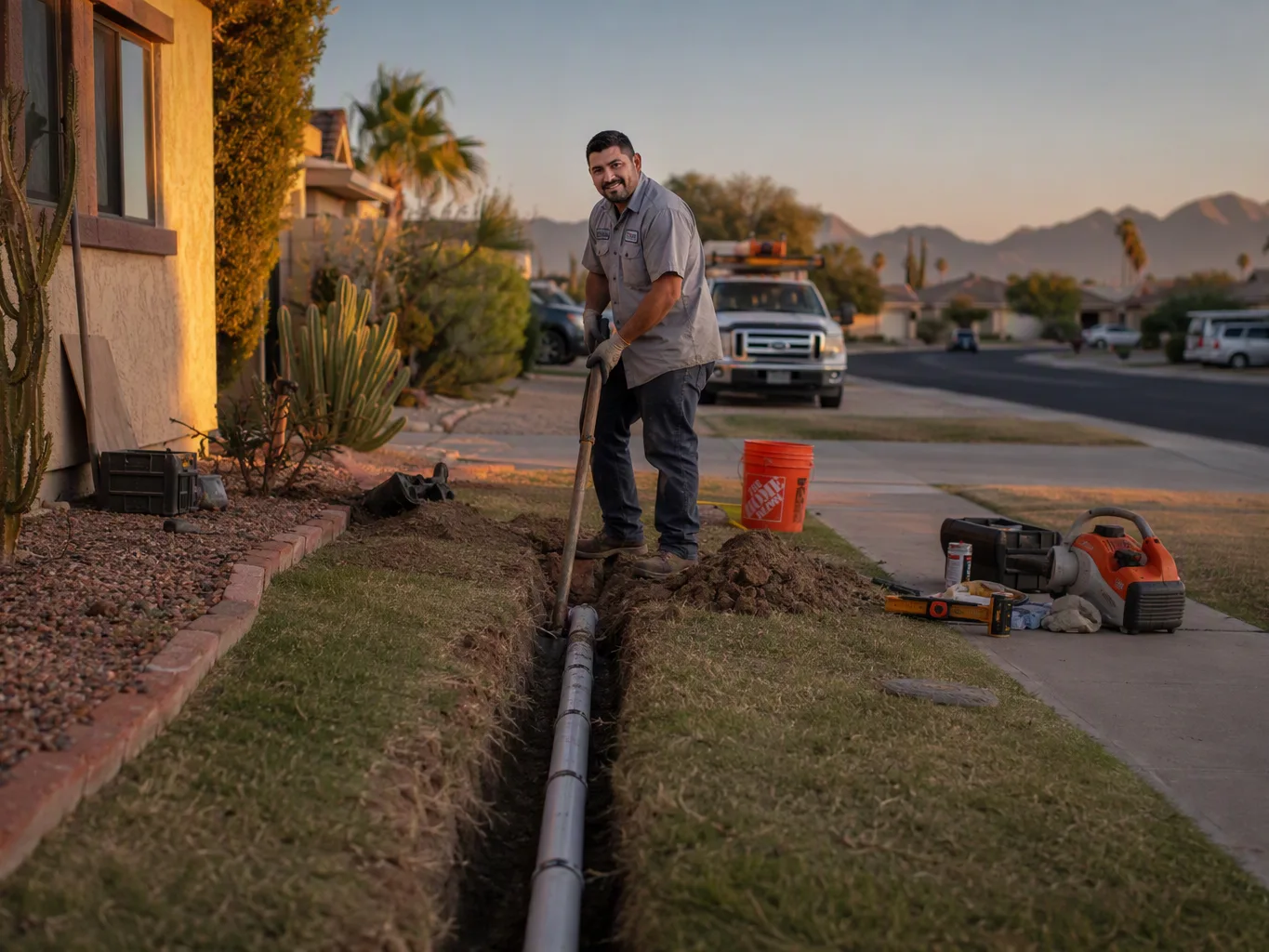 A plumber working on a residential sewer services job — mid-task, hands, tools and the work itself in sharp focus, the rest of the space softly out of focus