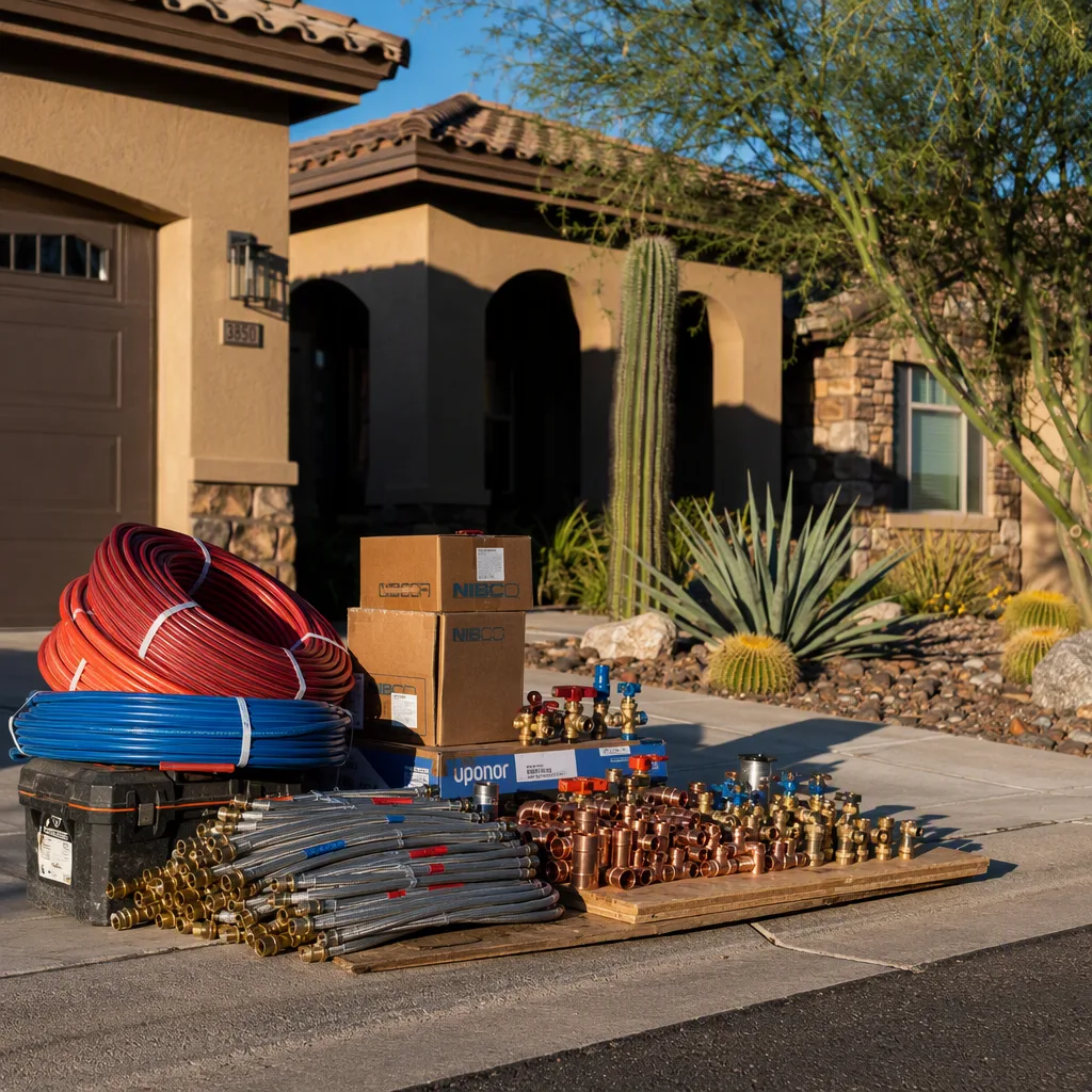 A delivery of copper fittings, PEX coil, valves and supply lines stacked neatly at the kerb outside a suburban home, ready for the day
