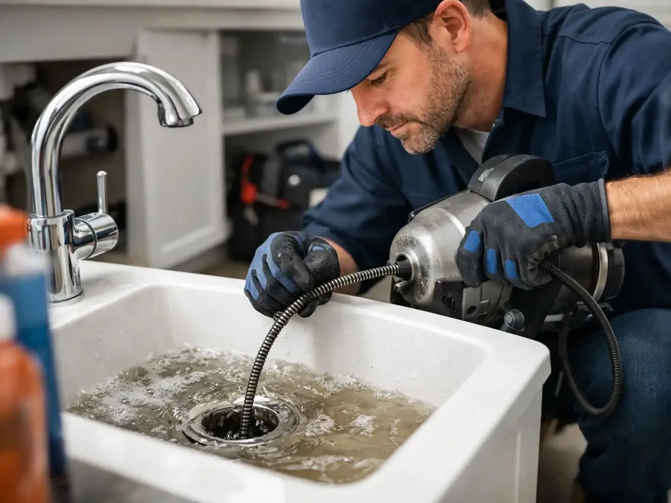 A plumber working on a residential drain cleaning job — mid-task, hands, tools and the work itself in sharp focus, the rest of the space softly out of focus