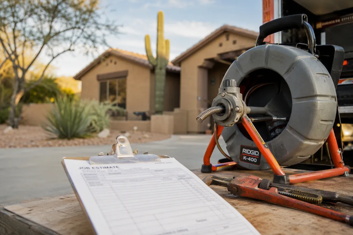 A clipboard with an out-of-focus, unreadable estimate resting on a work surface beside a drain machine and a pipe wrench, a residential job softly blurred behind it