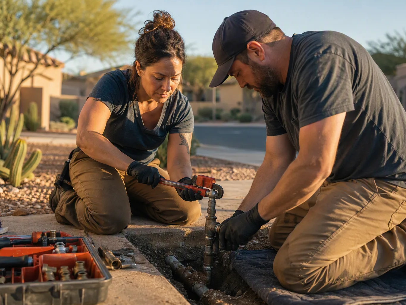 A plumber working on a residential additional plumbing services as applicable job — mid-task, hands, tools and the work itself in sharp focus, the rest of the space softly out of focus