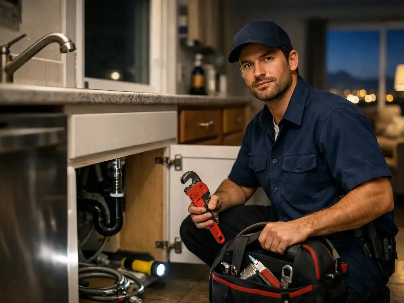 A plumber working on a residential leak detection & repair job — mid-task, hands, tools and the work itself in sharp focus, the rest of the space softly out of focus