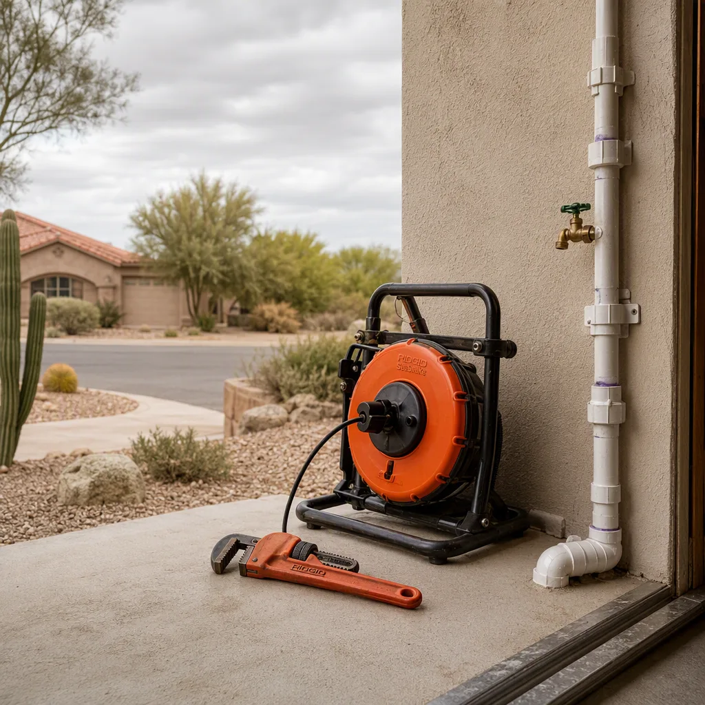 A set of tools — a drain machine and a pipe wrench — laid down on a clean surface beside the plumbing work they have just finished, everything tidy and put away
