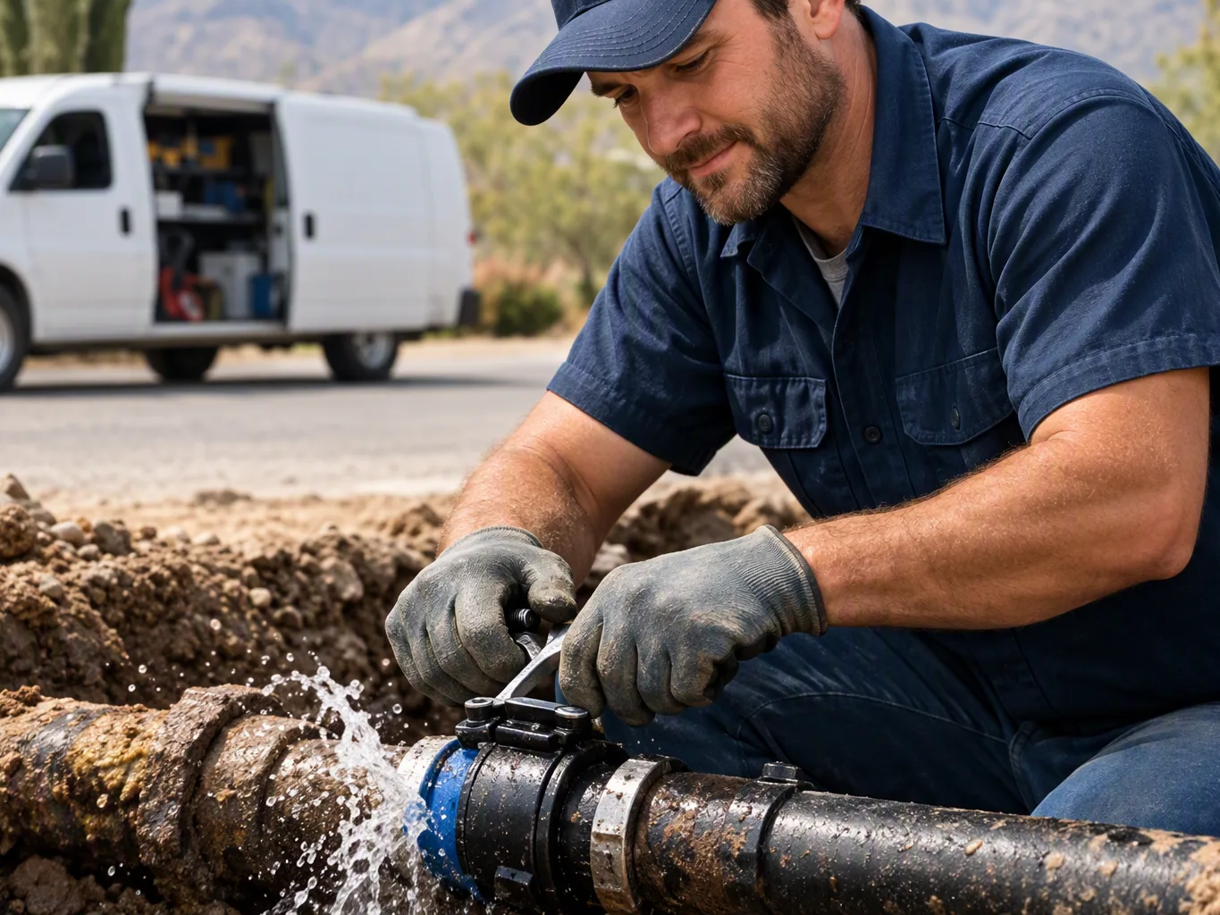 A plumber working on a residential emergency plumbing job — mid-task, hands, tools and the work itself in sharp focus, the rest of the space softly out of focus