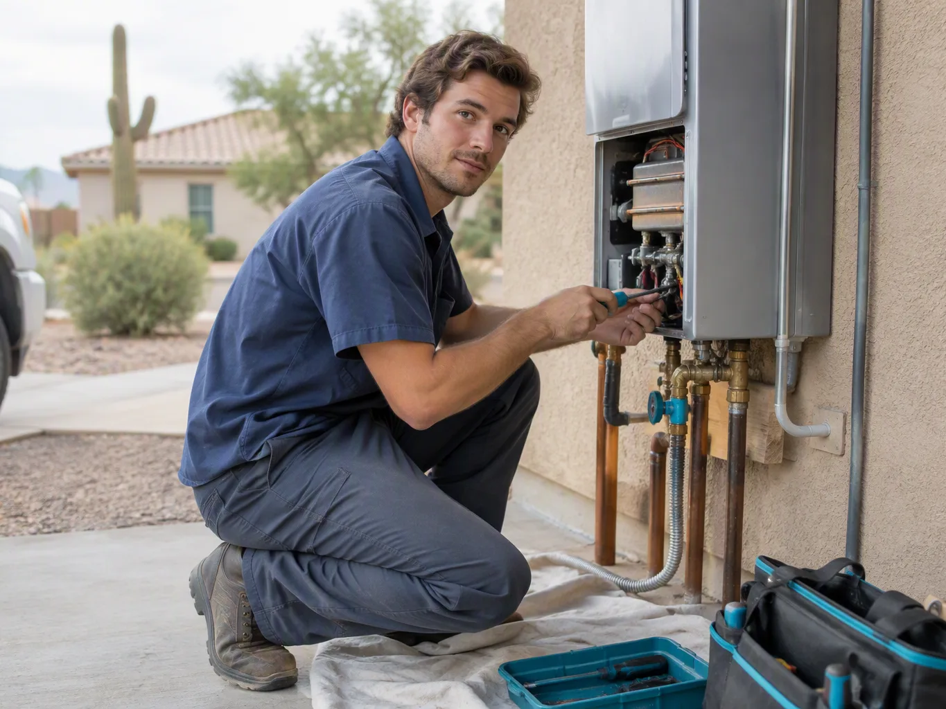 A plumber working on a residential tankless water heater repair job — mid-task, hands, tools and the work itself in sharp focus, the rest of the space softly out of focus