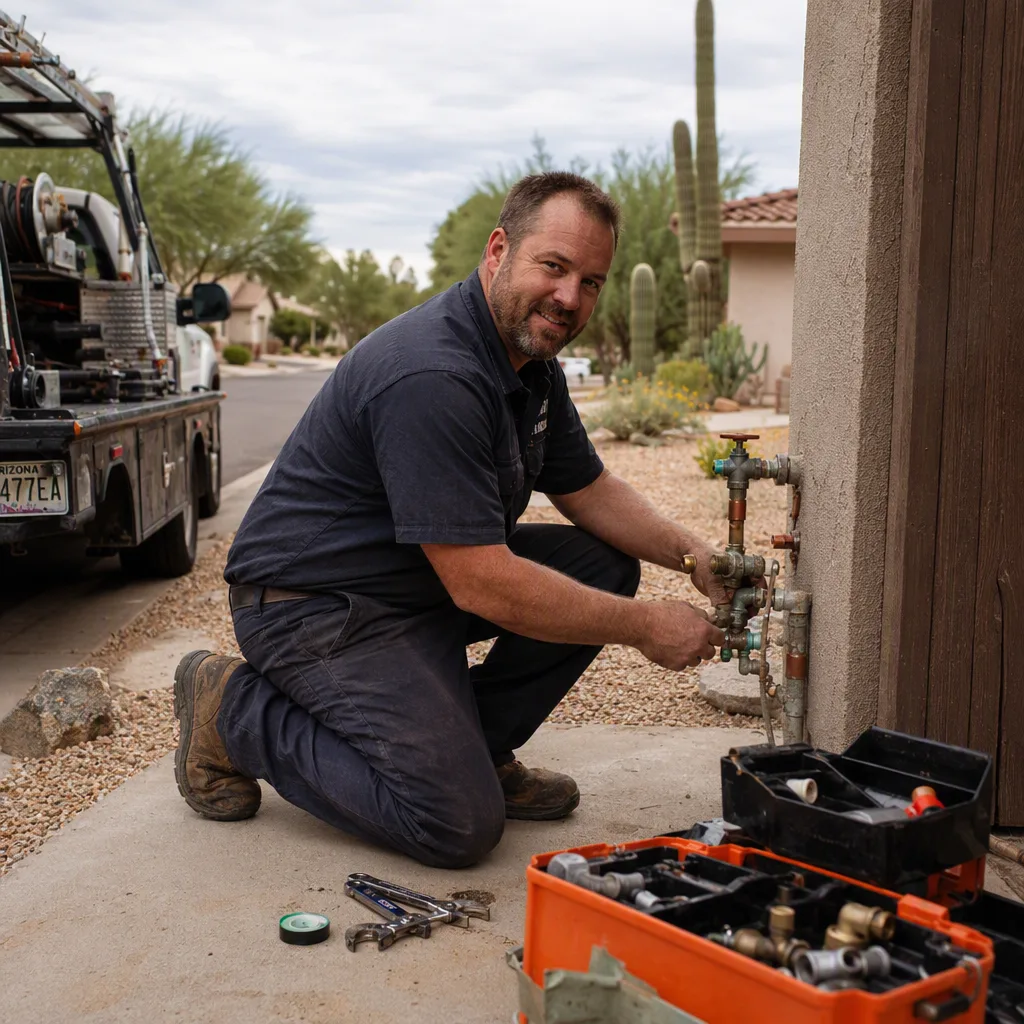 A plumber mid-job at a residential site, caught rather than posed, the kind of everyday moment a small company posts from a phone