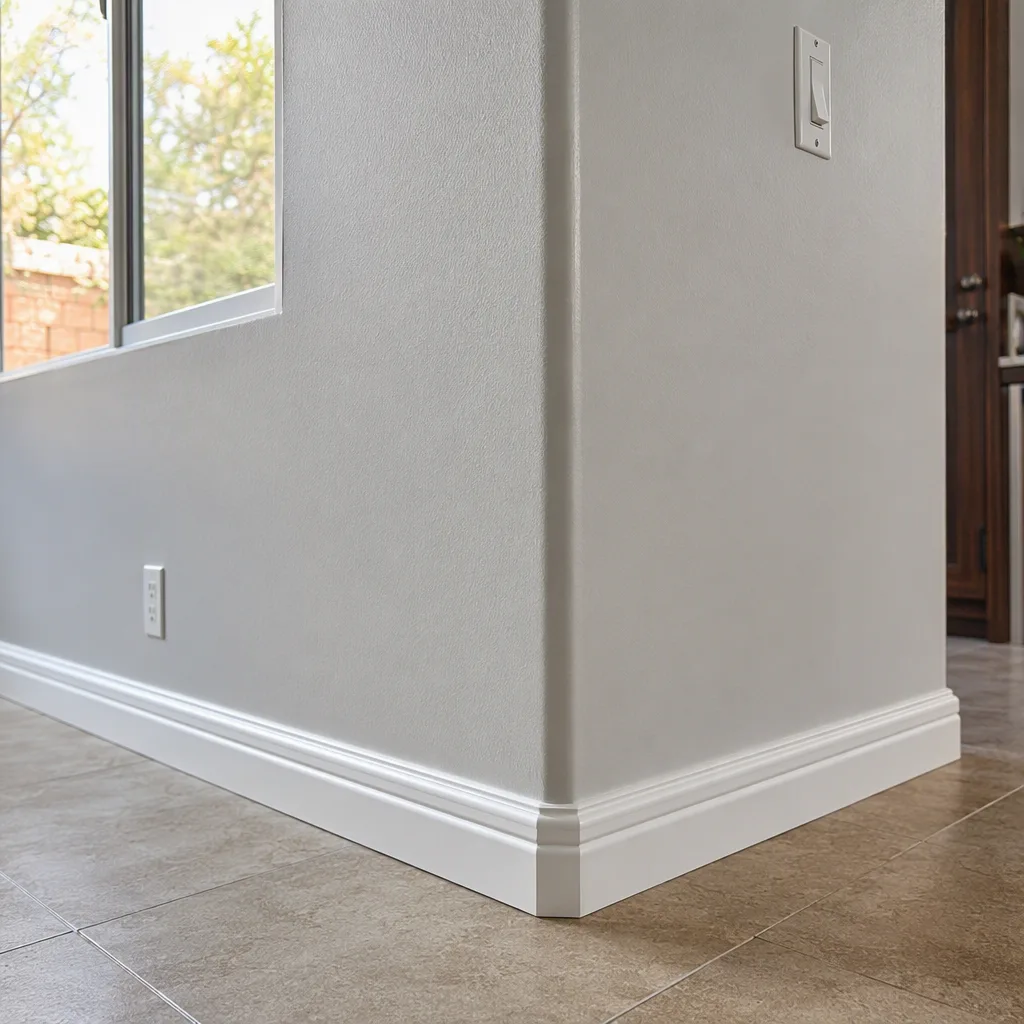 A finished corner of a residential room with the protective covering just pulled back off it, the work newly revealed and spotless