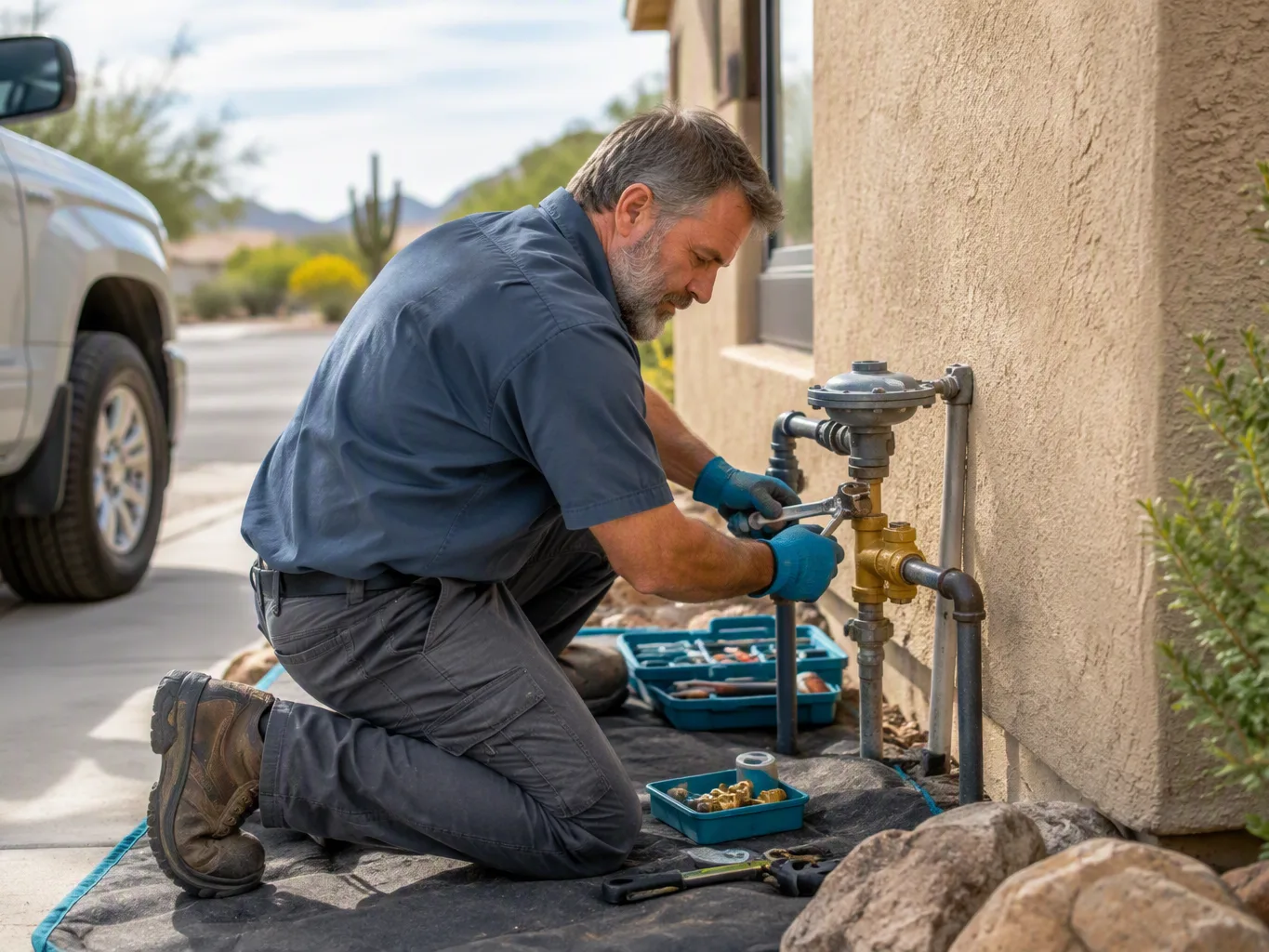 A plumber working on a residential gas line repair job — mid-task, hands, tools and the work itself in sharp focus, the rest of the space softly out of focus