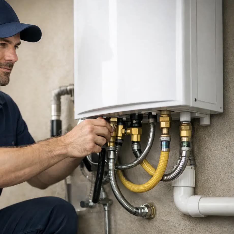 A plumber working on a residential water heater services job — mid-task, hands, tools and the work itself in sharp focus, the rest of the space softly out of focus