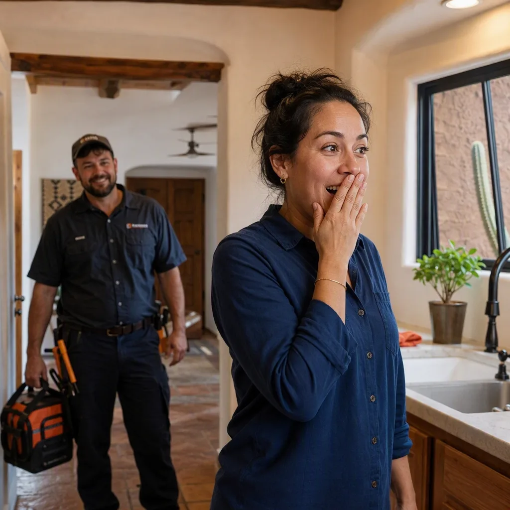 A homeowner seeing their finished room for the first time, hand to their mouth, delighted and entirely unposed