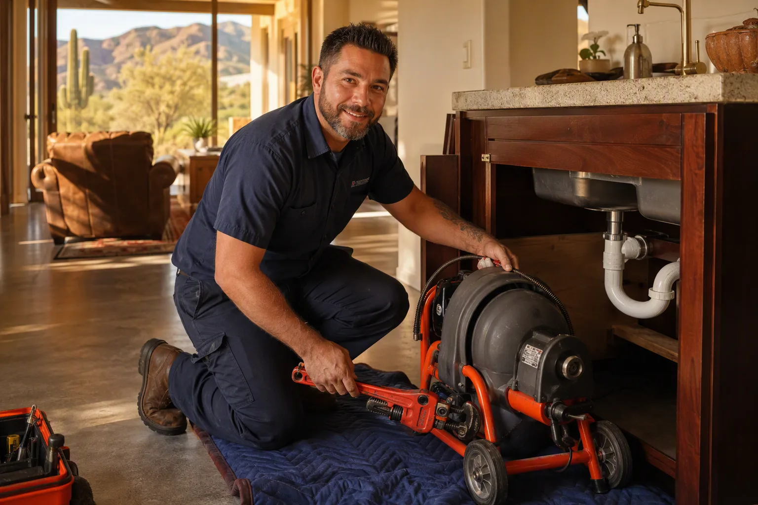 A plumber mid-job at a residential site, working with a drain machine and a pipe wrench, hands and work in sharp focus, the surrounding room softly out of focus